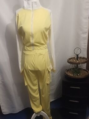 Yellow & White Utility Jumpsuit - Women's Zip-Front Cargo Style